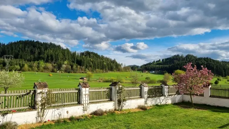 The view of a fence in a grassy field and stunning colors